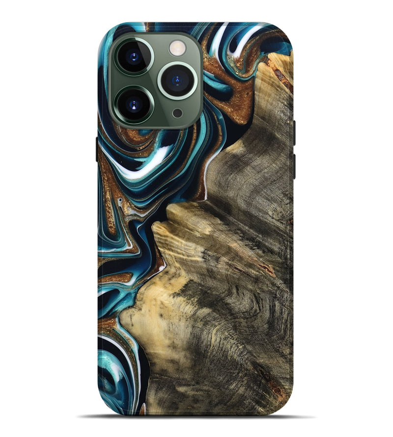 iPhone 13 Pro Max Wood Live Edge Phone Case - Unique (Teal & Gold, 800507)