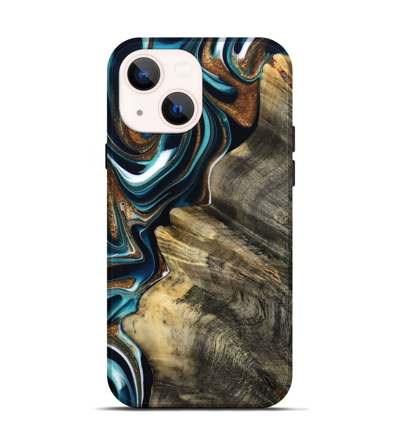 iPhone 14 Wood Live Edge Phone Case - Unique (Teal & Gold, 800507)