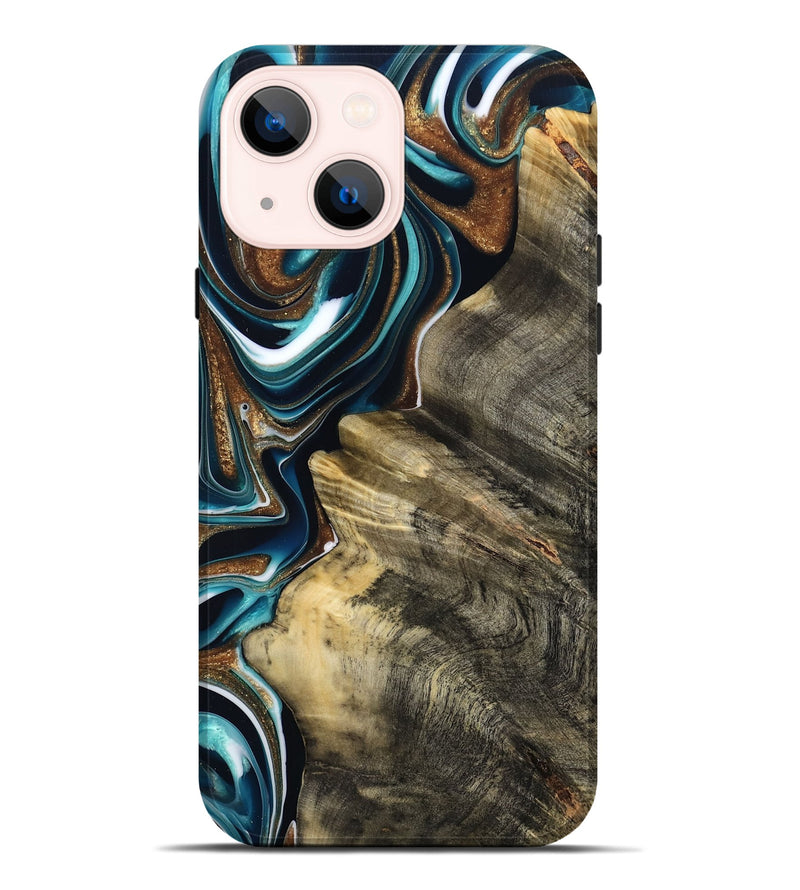 iPhone 14 Plus Wood Live Edge Phone Case - Unique (Teal & Gold, 800507)