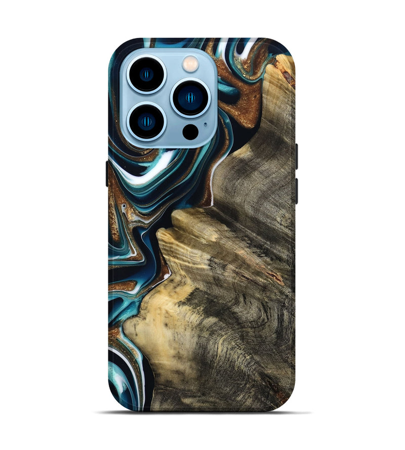 iPhone 14 Pro Wood Live Edge Phone Case - Unique (Teal & Gold, 800507)
