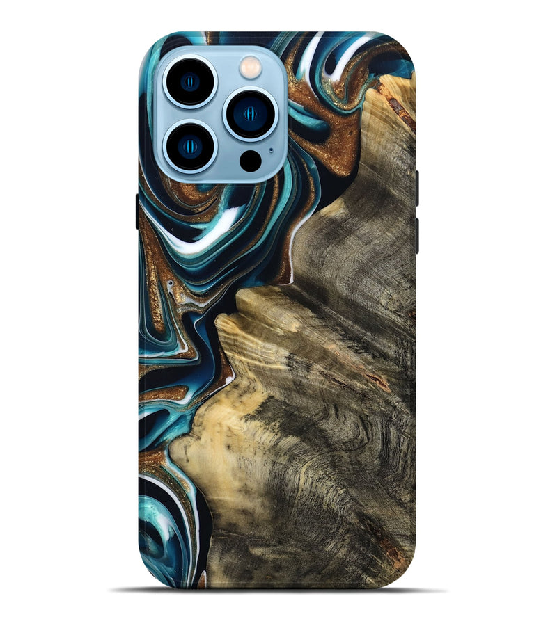iPhone 14 Pro Max Wood Live Edge Phone Case - Unique (Teal & Gold, 800507)