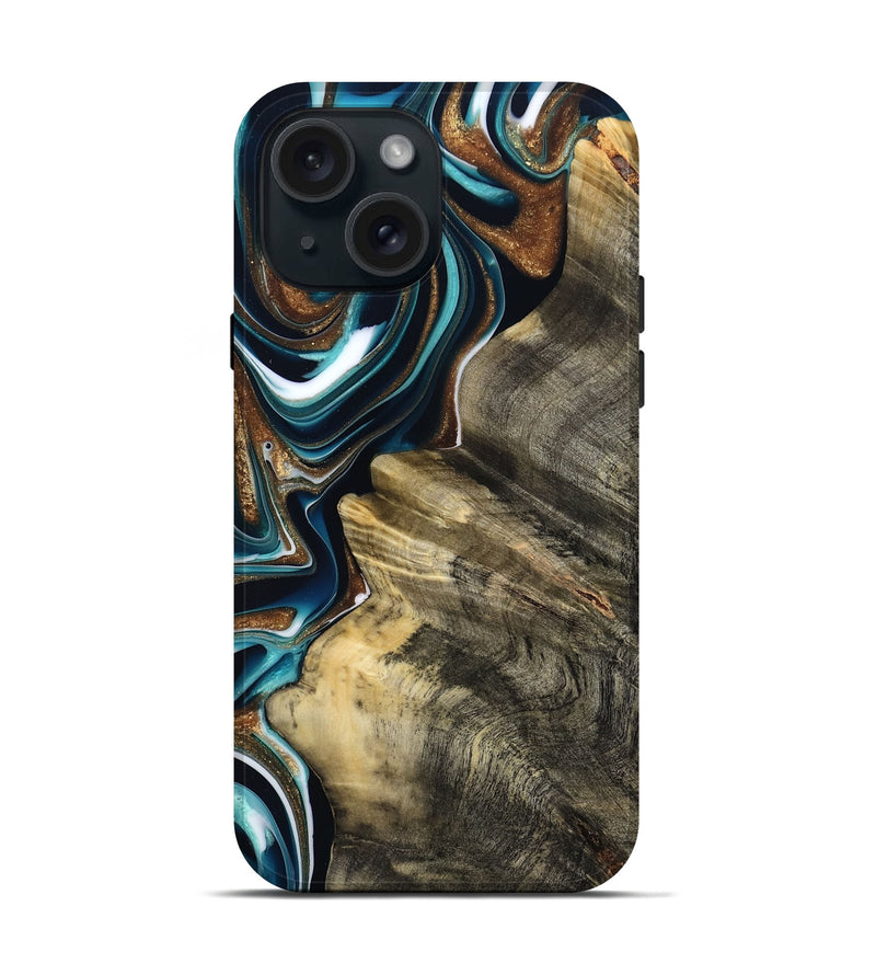 iPhone 15 Wood Live Edge Phone Case - Unique (Teal & Gold, 800507)