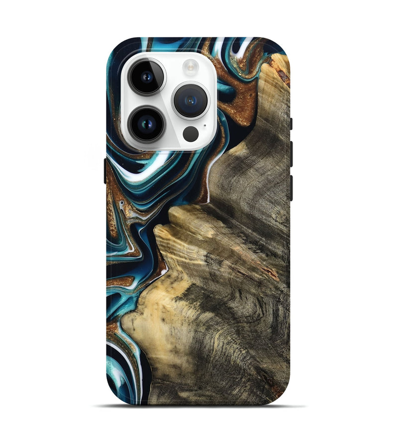iPhone 15 Pro Wood Live Edge Phone Case - Unique (Teal & Gold, 800507)