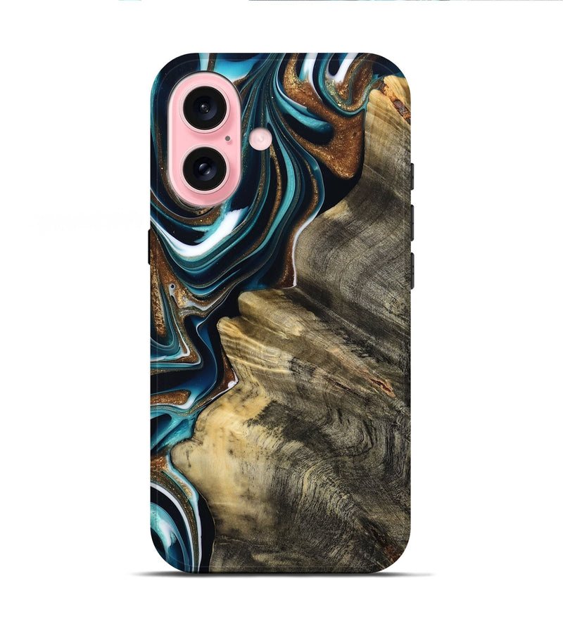 iPhone 16 Wood Live Edge Phone Case - Unique (Teal & Gold, 800507)