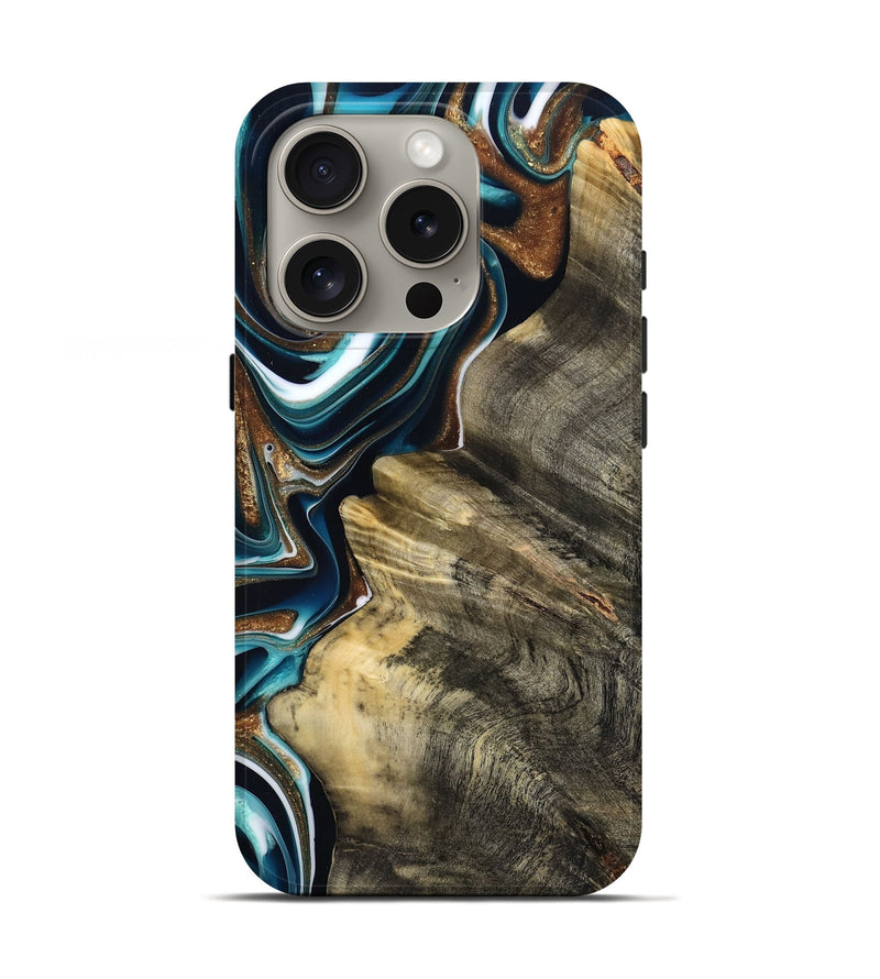 iPhone 16 Pro Wood Live Edge Phone Case - Unique (Teal & Gold, 800507)
