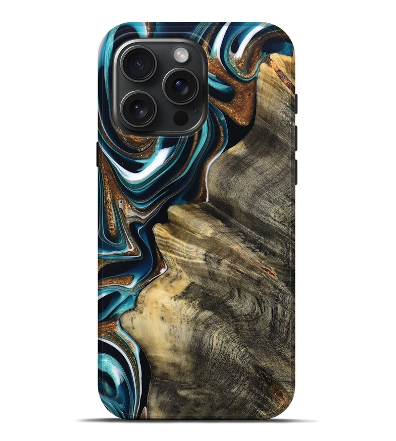 iPhone 16 Pro Max Wood Live Edge Phone Case - Unique (Teal & Gold, 800507)