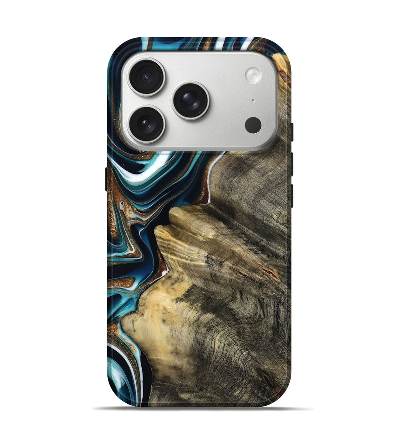 iPhone 17 Pro Wood Live Edge Phone Case - Unique (Teal & Gold, 800507)