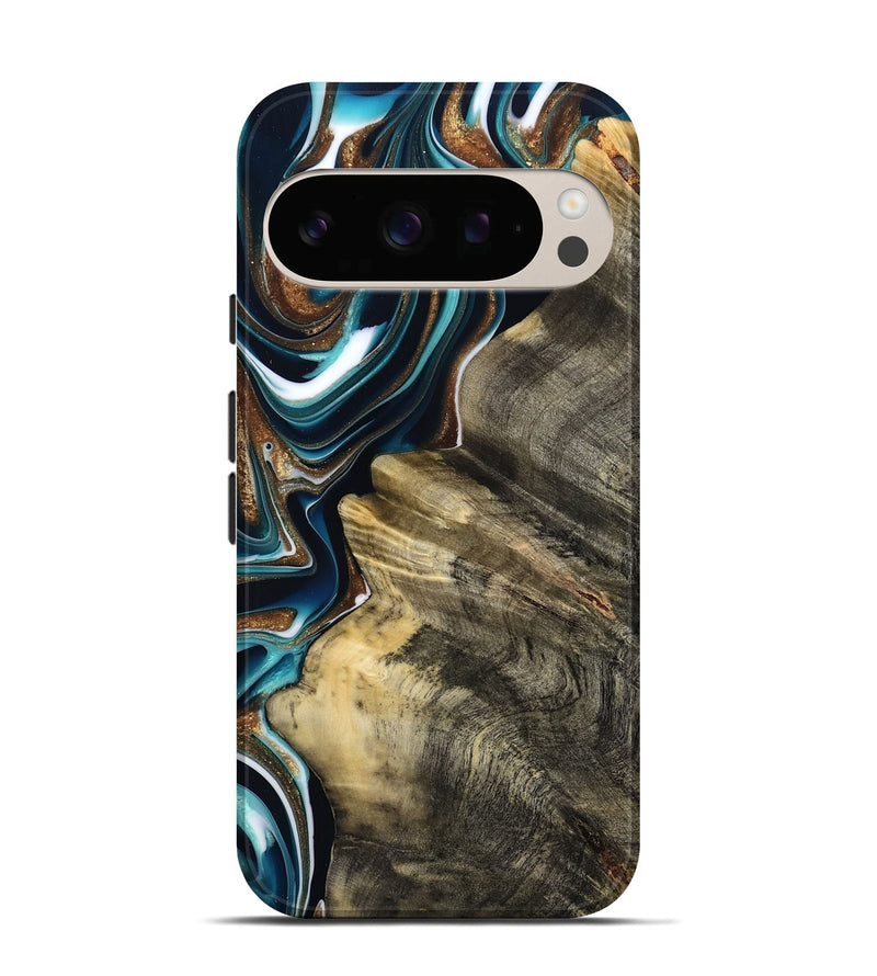 Pixel 10 Wood Live Edge Phone Case - Unique (Teal & Gold, 800507)