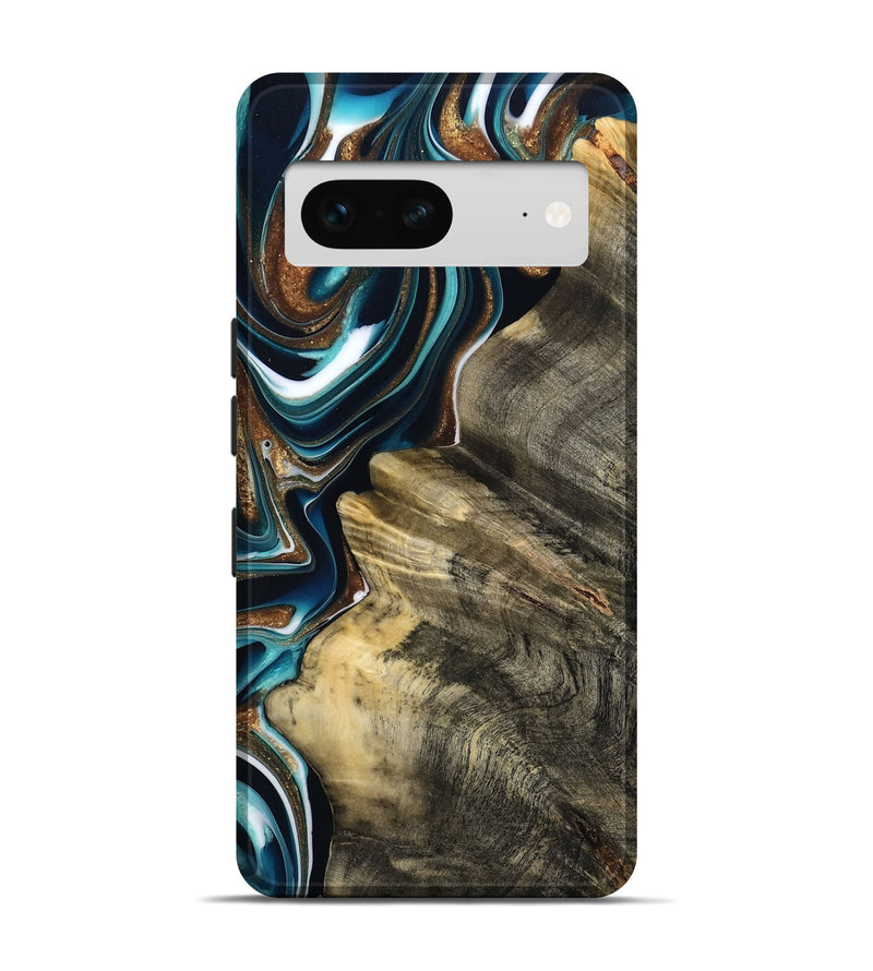 Pixel 7 Wood Live Edge Phone Case - Unique (Teal & Gold, 800507)