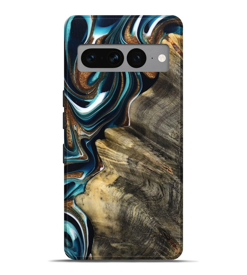 Pixel 7 Pro Wood Live Edge Phone Case - Unique (Teal & Gold, 800507)
