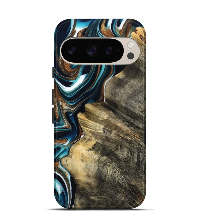 Pixel 9 Pro Wood Live Edge Phone Case - Unique (Teal & Gold, 800507)