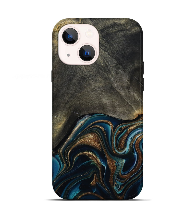 iPhone 13 Wood Live Edge Phone Case - Titus (Teal & Gold, 800508)