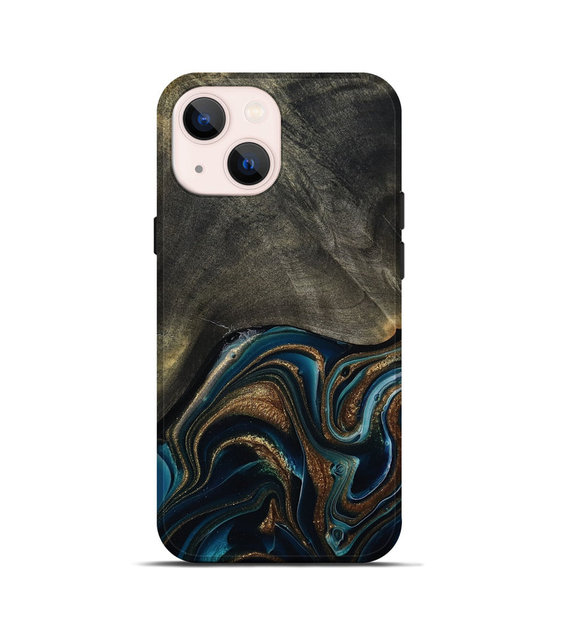 iPhone 13 mini Wood Live Edge Phone Case - Titus (Teal & Gold, 800508)