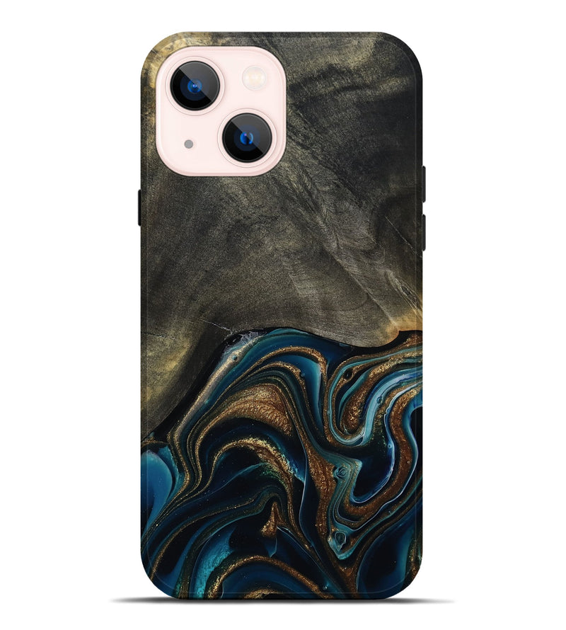 iPhone 14 Plus Wood Live Edge Phone Case - Titus (Teal & Gold, 800508)