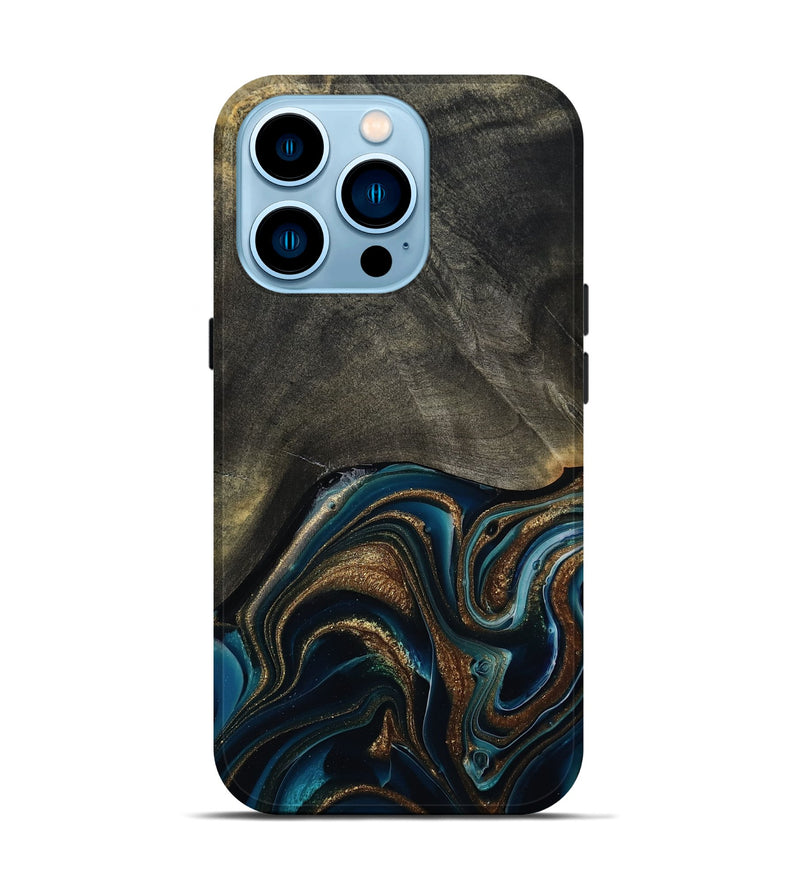 iPhone 14 Pro Wood Live Edge Phone Case - Titus (Teal & Gold, 800508)