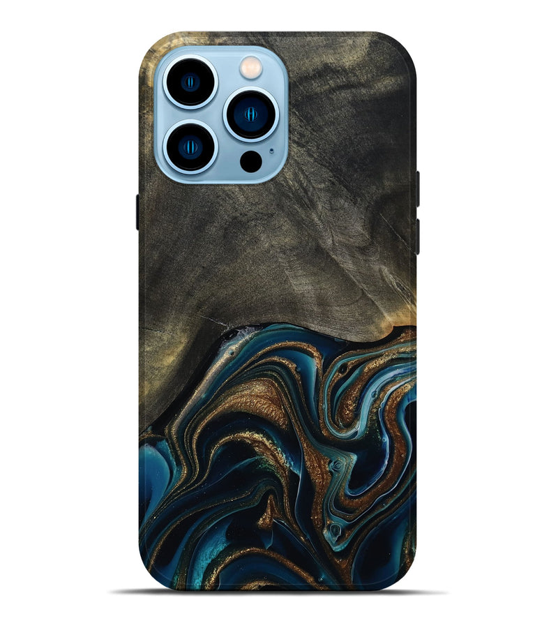 iPhone 14 Pro Max Wood Live Edge Phone Case - Titus (Teal & Gold, 800508)