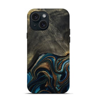 iPhone 15 Wood Live Edge Phone Case - Titus (Teal & Gold, 800508)