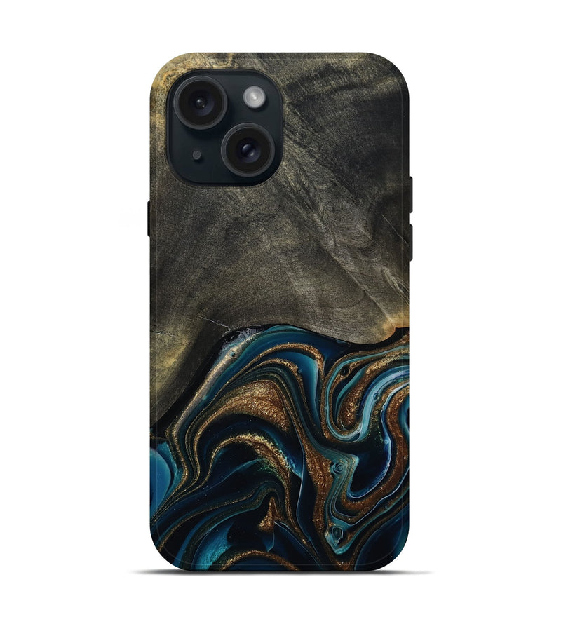 iPhone 15 Wood Live Edge Phone Case - Titus (Teal & Gold, 800508)