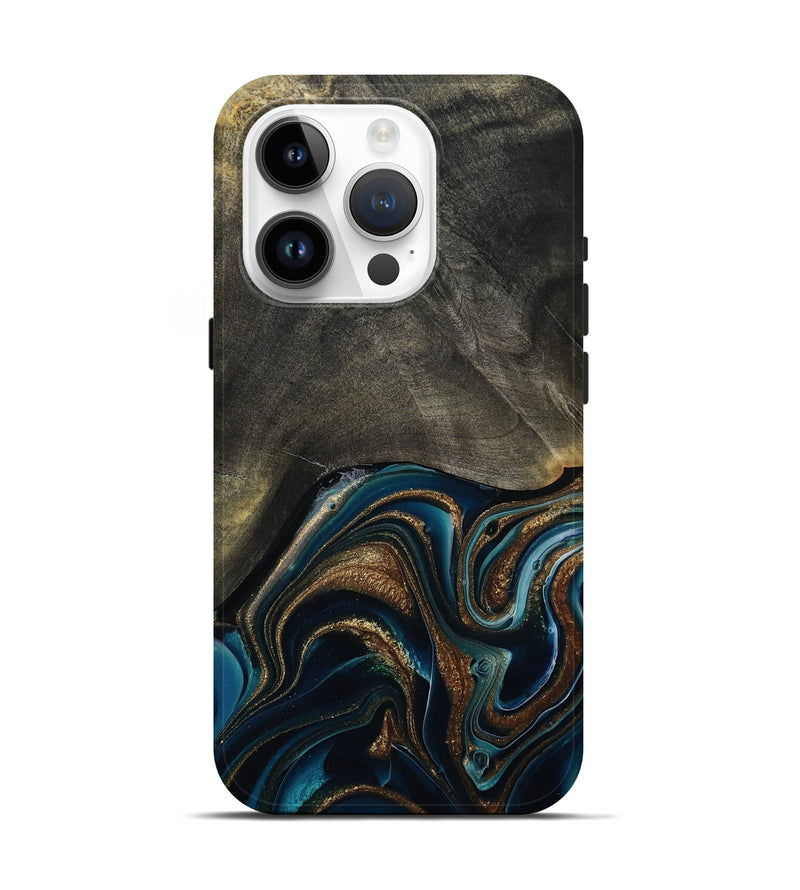 iPhone 15 Pro Wood Live Edge Phone Case - Titus (Teal & Gold, 800508)