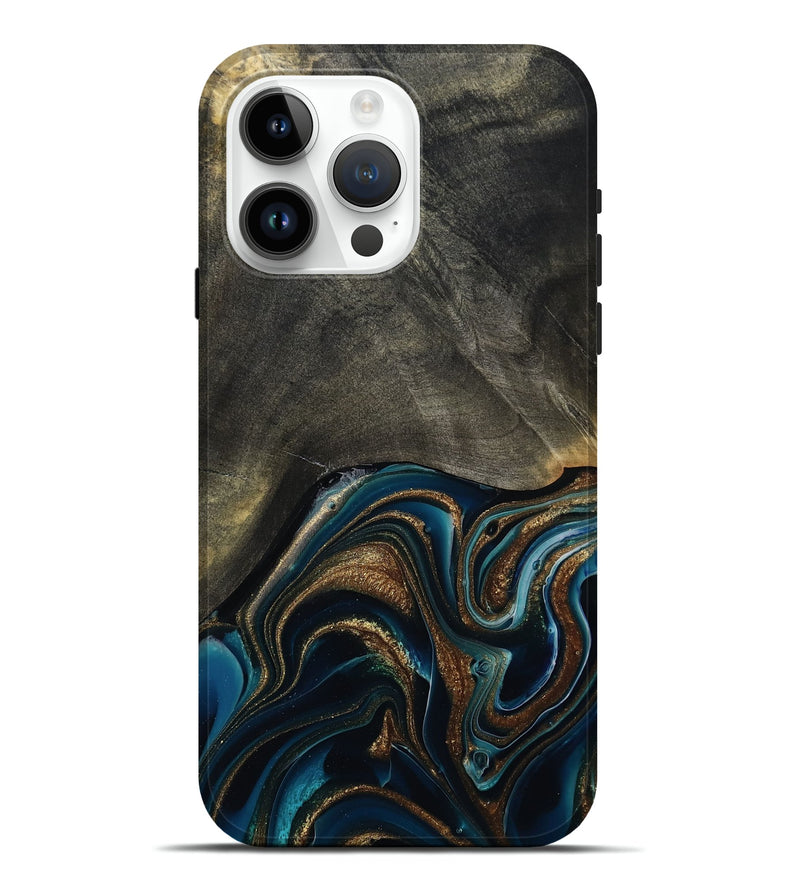 iPhone 15 Pro Max Wood Live Edge Phone Case - Titus (Teal & Gold, 800508)