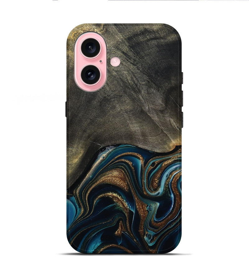 iPhone 16 Wood Live Edge Phone Case - Titus (Teal & Gold, 800508)