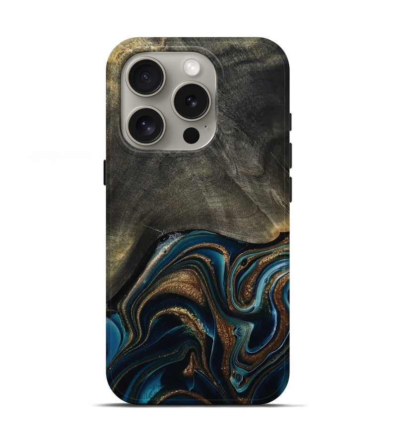 iPhone 16 Pro Wood Live Edge Phone Case - Titus (Teal & Gold, 800508)