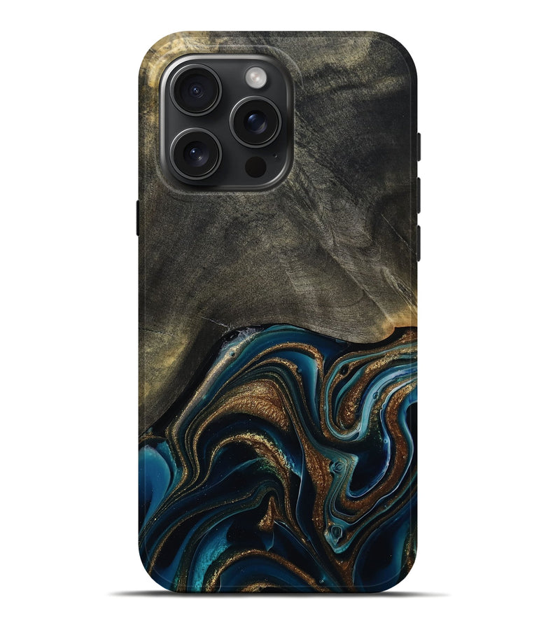 iPhone 16 Pro Max Wood Live Edge Phone Case - Titus (Teal & Gold, 800508)
