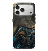 iPhone 17 Pro Max Wood Live Edge Phone Case - Titus (Teal & Gold, 800508)