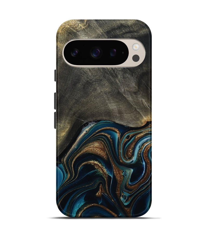 Pixel 9 Pro Wood Live Edge Phone Case - Titus (Teal & Gold, 800508)