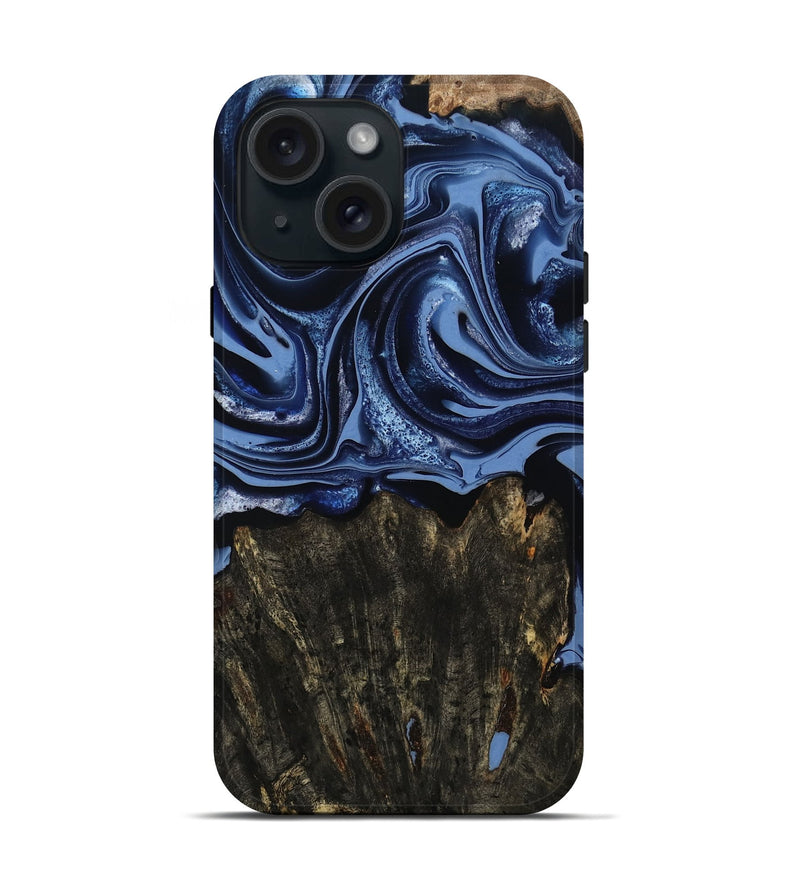 iPhone 15 Wood Live Edge Phone Case - Amora (Blue, 800516)