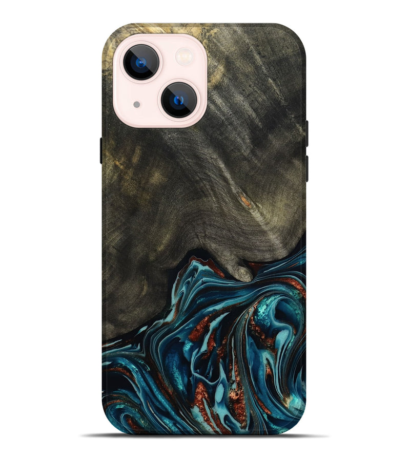 iPhone 14 Plus Wood Live Edge Phone Case - Nettie (Teal & Gold, 800518)