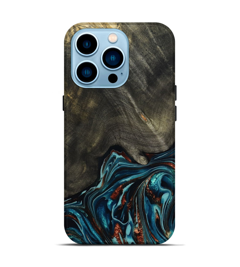 iPhone 14 Pro Wood Live Edge Phone Case - Nettie (Teal & Gold, 800518)