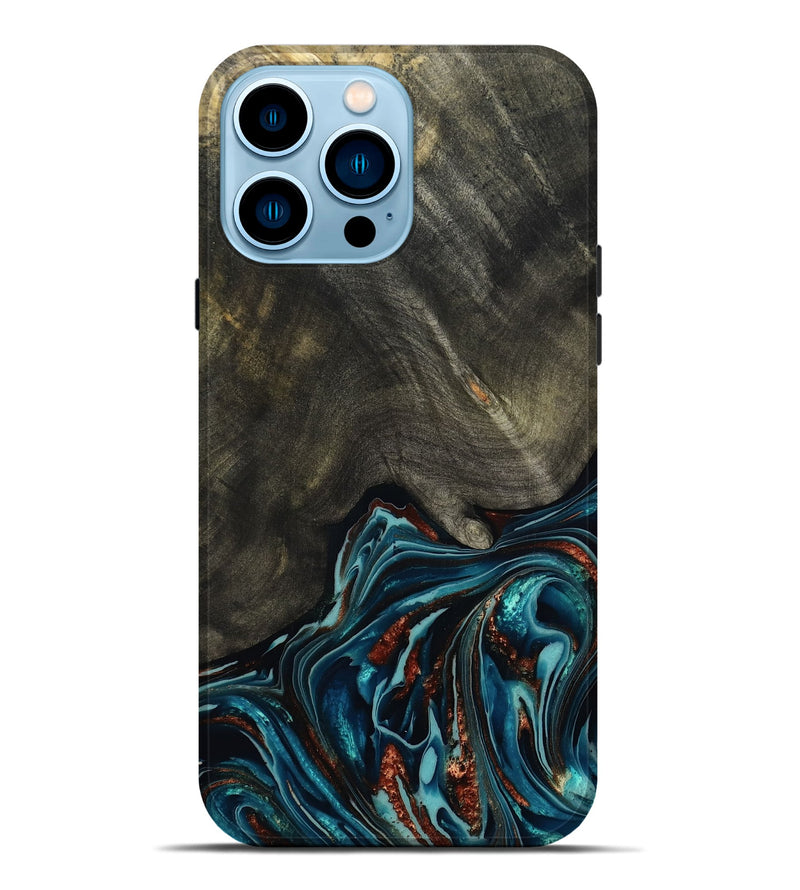 iPhone 14 Pro Max Wood Live Edge Phone Case - Nettie (Teal & Gold, 800518)