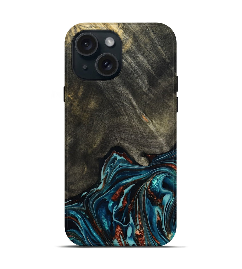 iPhone 15 Wood Live Edge Phone Case - Nettie (Teal & Gold, 800518)