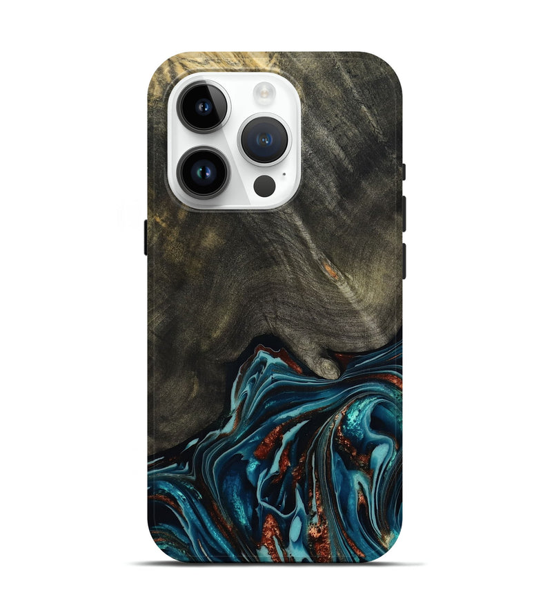 iPhone 15 Pro Wood Live Edge Phone Case - Nettie (Teal & Gold, 800518)