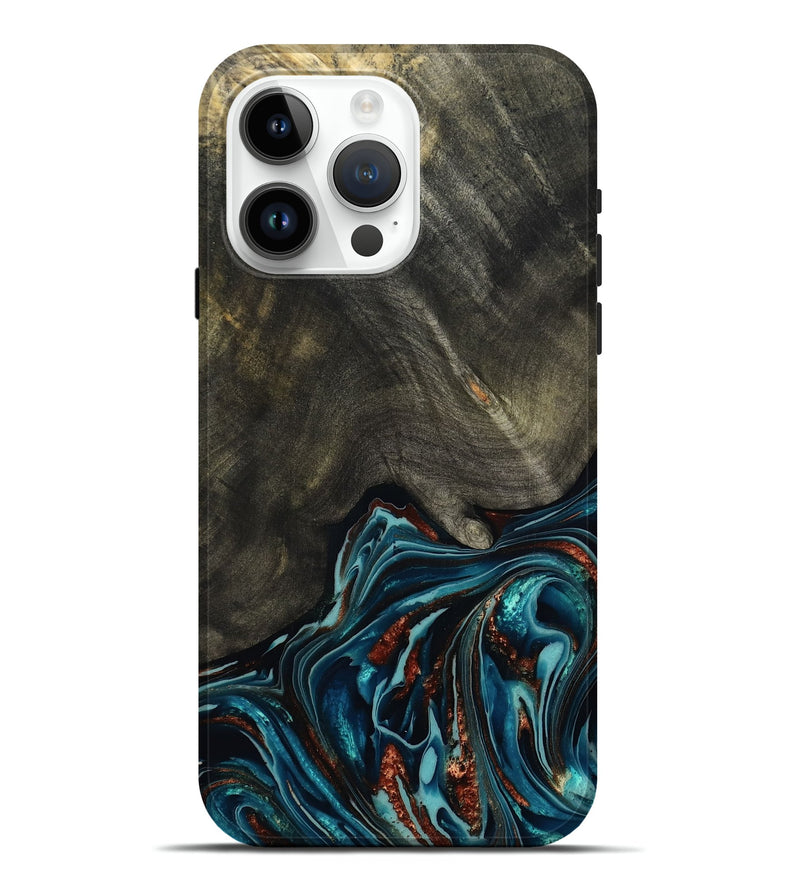 iPhone 15 Pro Max Wood Live Edge Phone Case - Nettie (Teal & Gold, 800518)