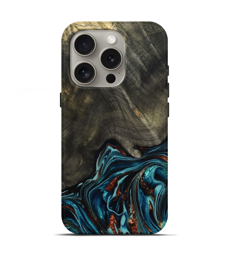 iPhone 16 Pro Wood Live Edge Phone Case - Nettie (Teal & Gold, 800518)