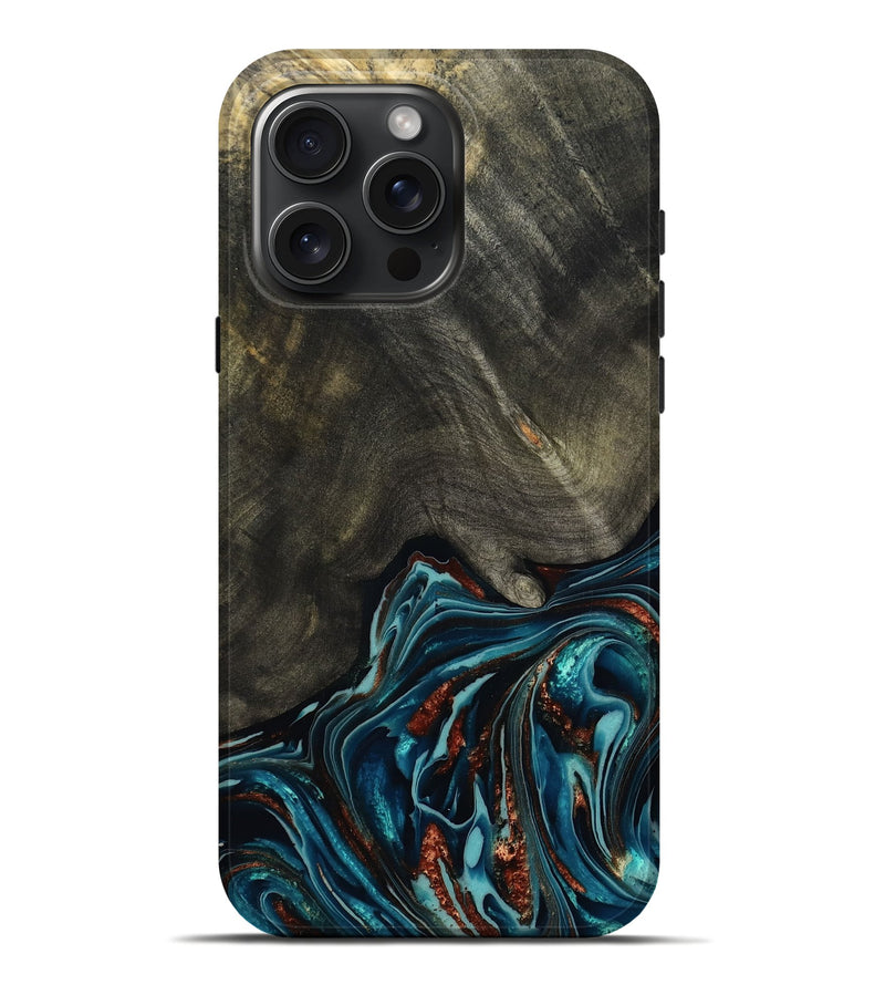 iPhone 16 Pro Max Wood Live Edge Phone Case - Nettie (Teal & Gold, 800518)