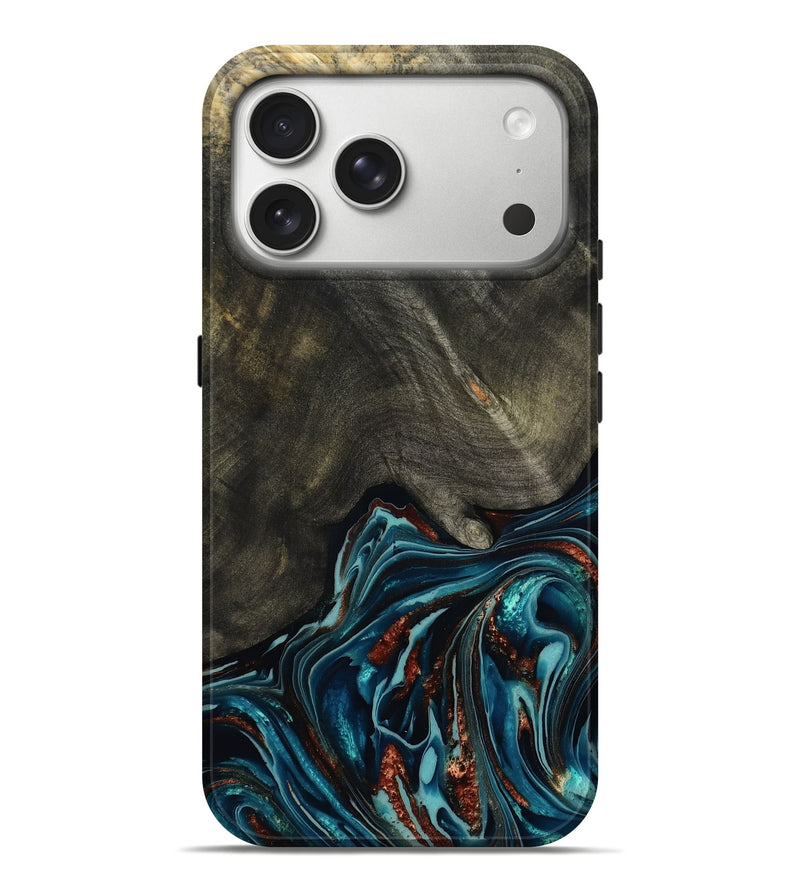 iPhone 17 Pro Max Wood Live Edge Phone Case - Nettie (Teal & Gold, 800518)