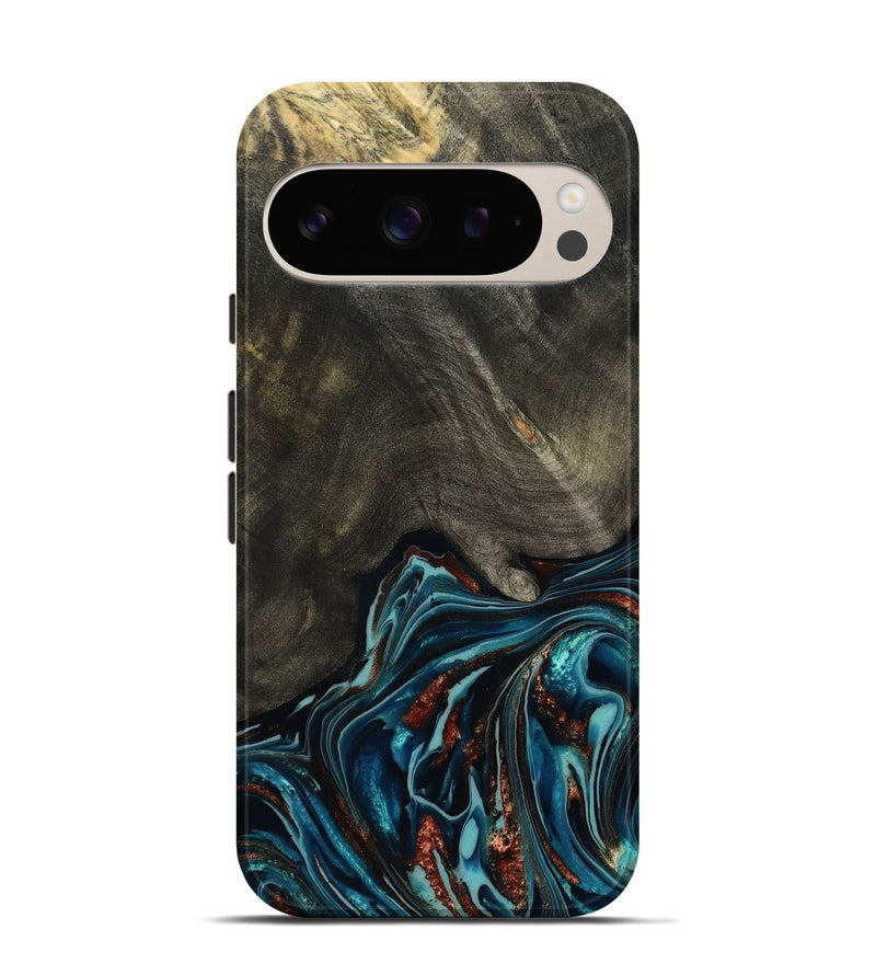 Pixel 9 Pro Wood Live Edge Phone Case - Nettie (Teal & Gold, 800518)