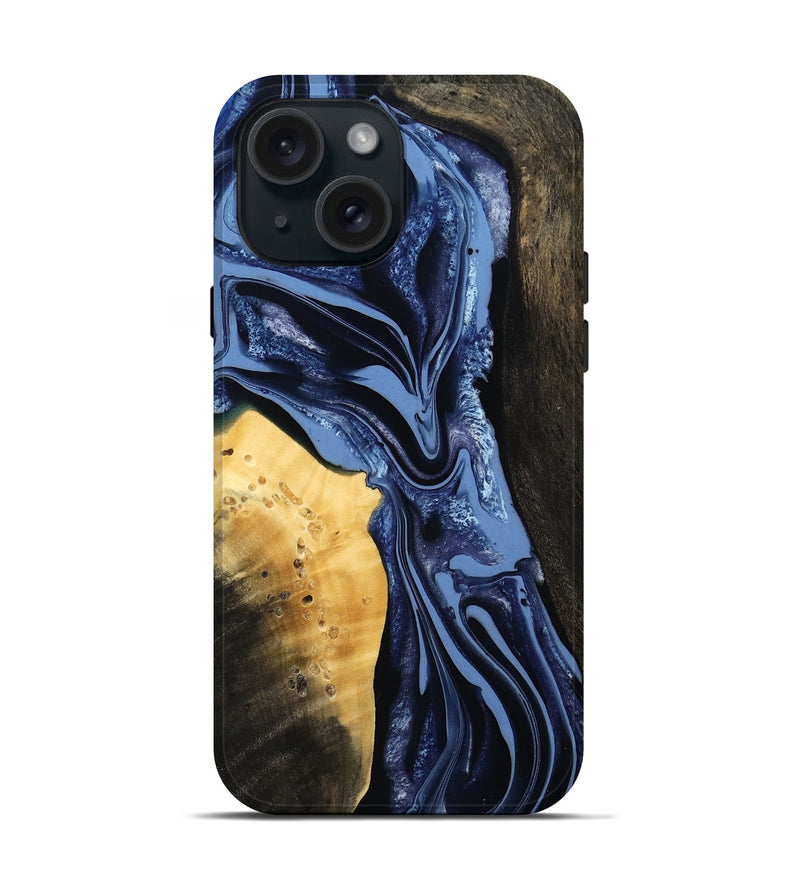iPhone 15 Wood Live Edge Phone Case - Leeann (Blue, 800523)