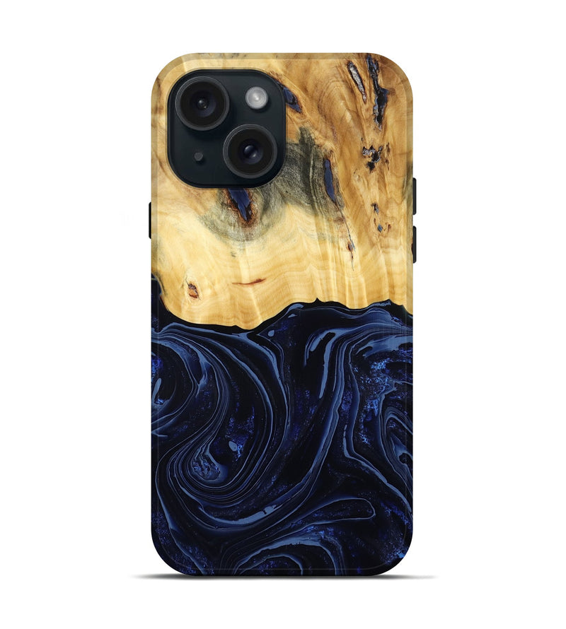 iPhone 15 Wood Live Edge Phone Case - Arlette (Blue, 800525)