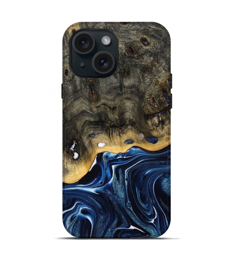 iPhone 15 Wood Live Edge Phone Case - Leona (Blue, 800541)