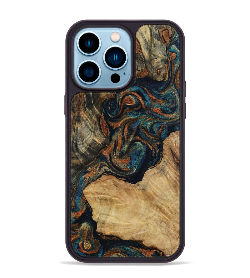iPhone 14 Pro Max Wood Phone Case - Eli (Teal & Gold, 800677)