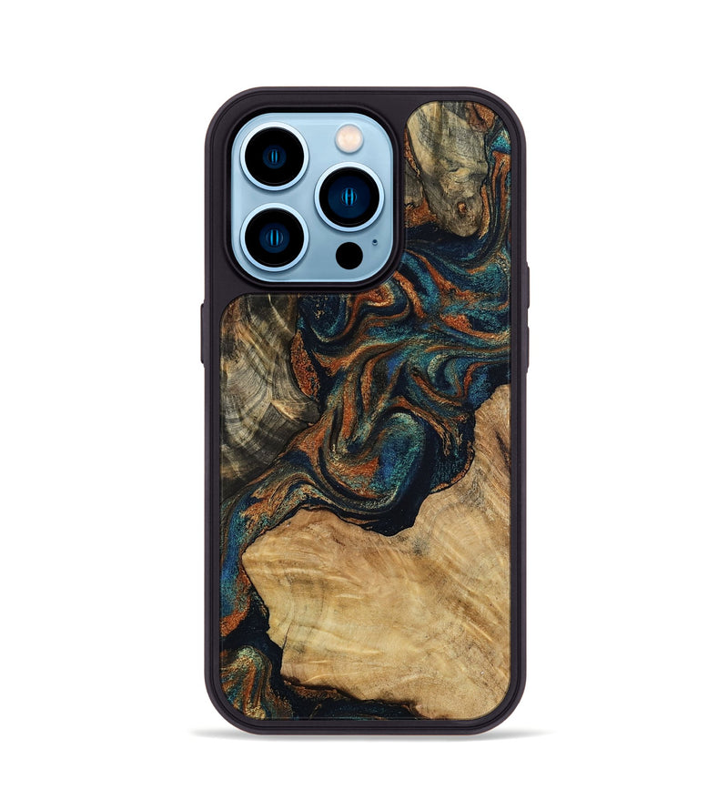 iPhone 14 Pro Wood Phone Case - Eli (Teal & Gold, 800677)