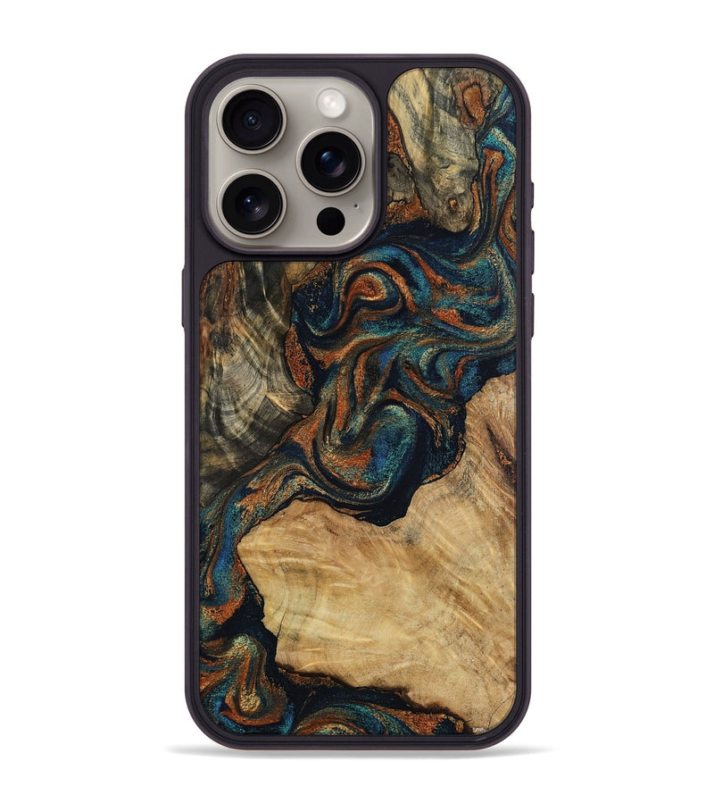 iPhone 15 Pro Max Wood Phone Case - Eli (Teal & Gold, 800677)