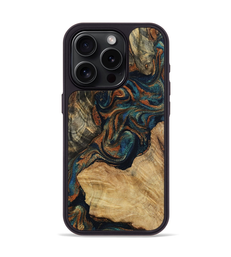 iPhone 15 Pro Wood Phone Case - Eli (Teal & Gold, 800677)