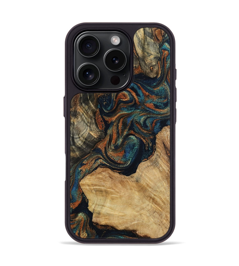 iPhone 16 Pro Wood Phone Case - Eli (Teal & Gold, 800677)