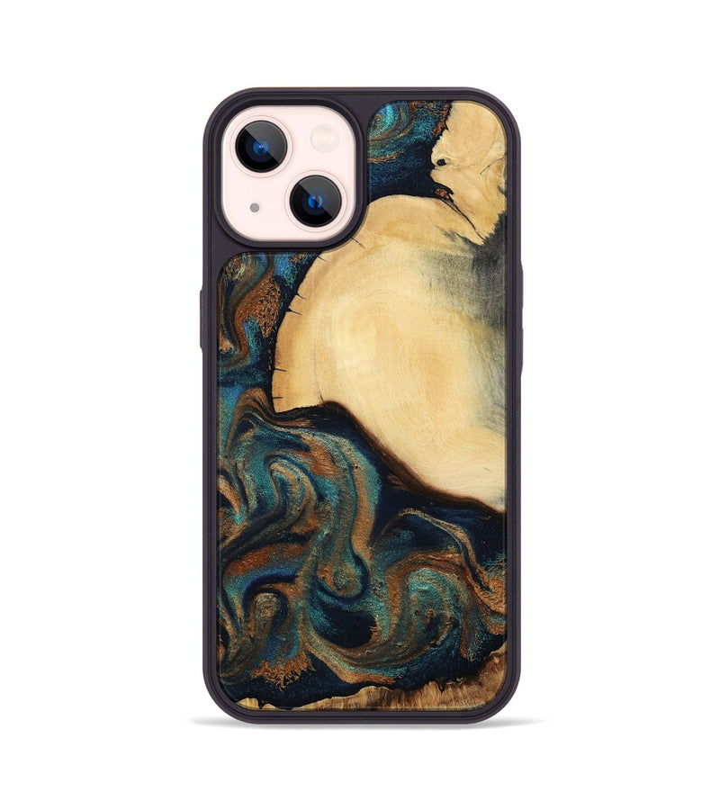 iPhone 14 Wood Phone Case - Verda (Teal & Gold, 800682)
