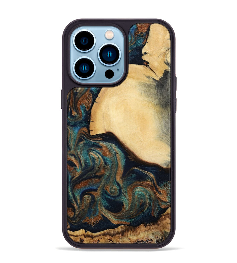 iPhone 14 Pro Max Wood Phone Case - Verda (Teal & Gold, 800682)